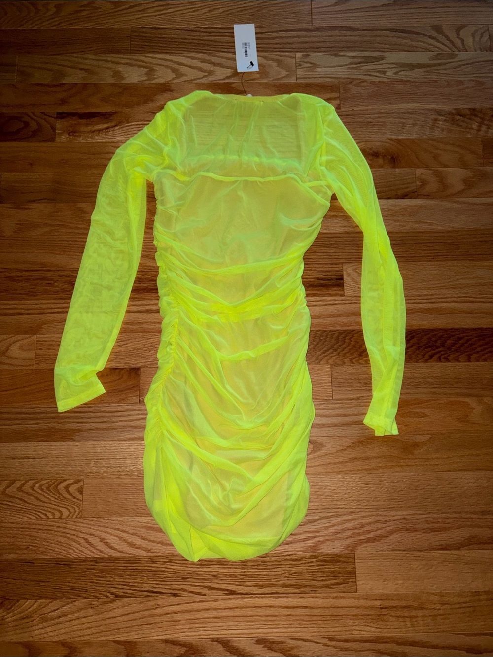 Neon Yellow Ruched Long-Sleeve Mesh Dress